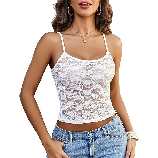 Pivanzore Women's Y2K Lace Cami Tank Top Sexy Mesh See